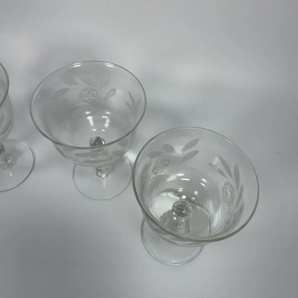 Vintage Crystal Etched Rose Flower Dessert Sherbet Cups Glasses Set of 5 1940’s
